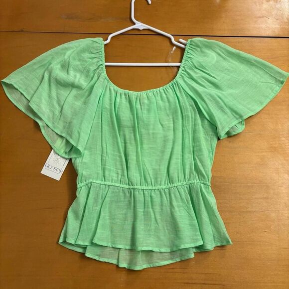 nwt Lily Star Green puff sleeve blouse babydoll peasant fairy ruffles small - Picture 3 of 6